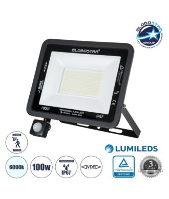 GLOBOSTAR® AURORA 61443 Προβολέας με Ανιχνευτή PIR - Αισθητήρα Κίνησης LED 100W 12500lm 120° AC 220-240V Αδιάβροχο IP67 Ψυχρό Λευκό 6000K - Lumileds SMD Chip - TÜV Rheinland Certified - Μαύρο Ματ - Μ25 x Π6.5 x Υ27.5cm - 3 Χρόνια Εγγύηση